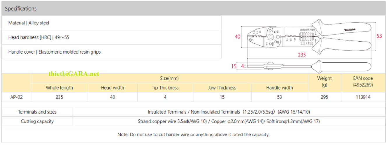 Thông số kìm điện bấm cos ap2