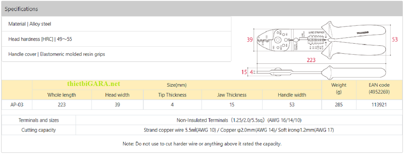 Kích thước kìm bấm cos đa năng