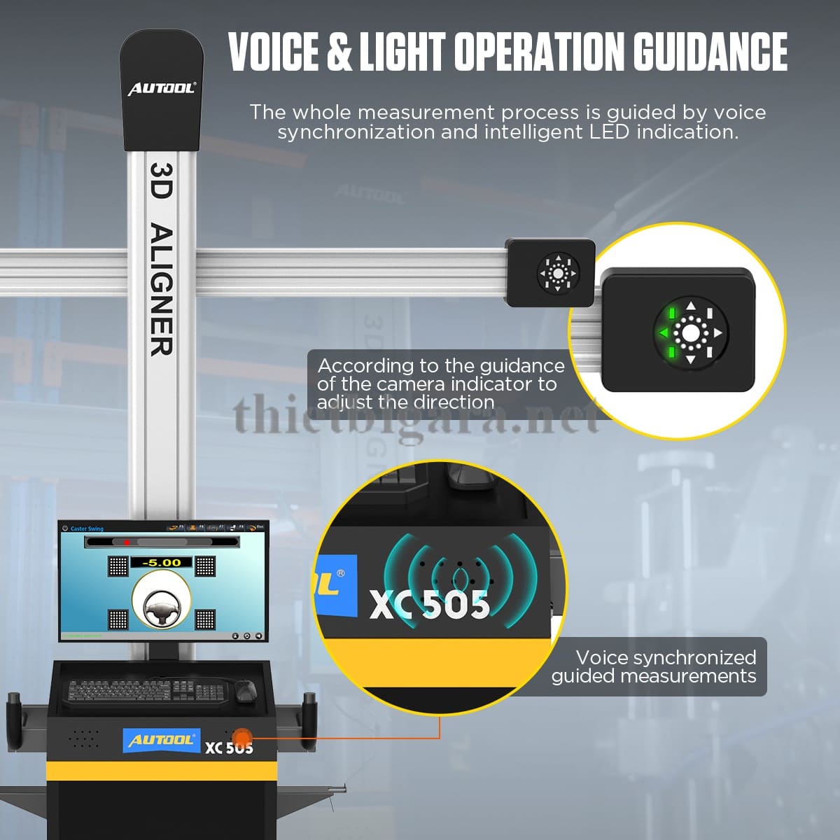 Vận hành bằng giọng nói và đèn LED trên máy cân chỉnh góc đặt bánh xe 3D Autool XC505