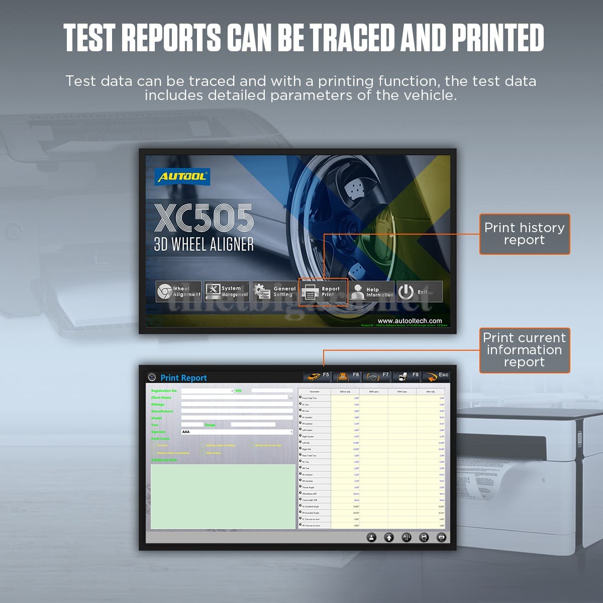 Báo cáo thử nghiệm có thể theo dõi và In ra màn hình trên Máy cân chỉnh góc đặt bánh xe 3D Autool XC505