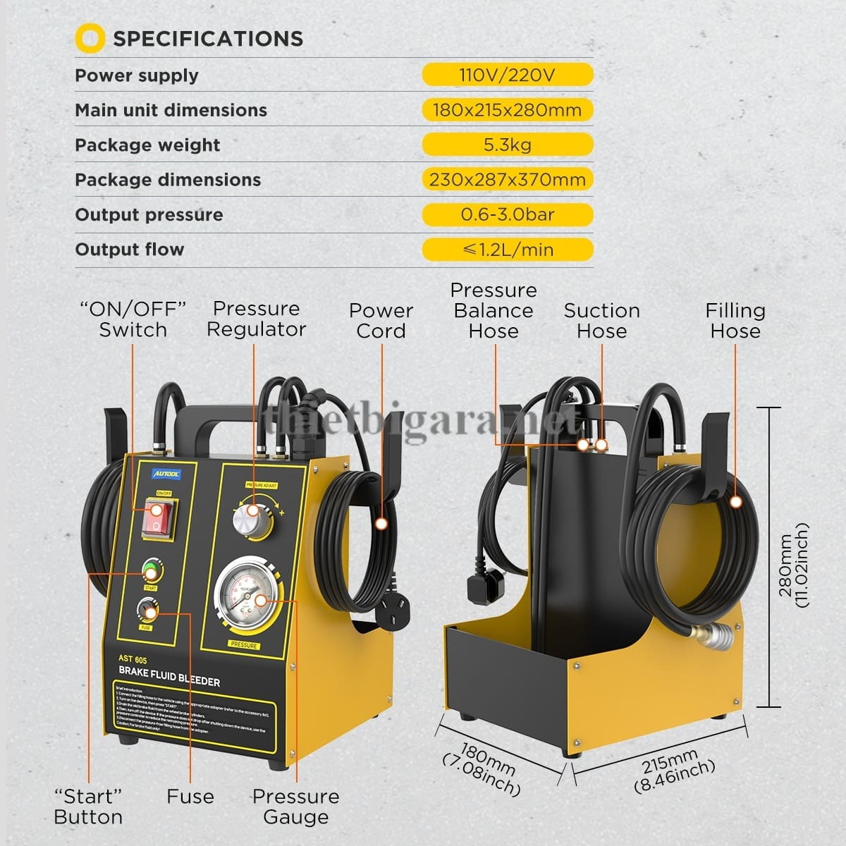 Máy thay dầu phanh ô tô tuần hoàn AST605 Autool (8) Thông số kỹ thuật máy thay dầu Autool