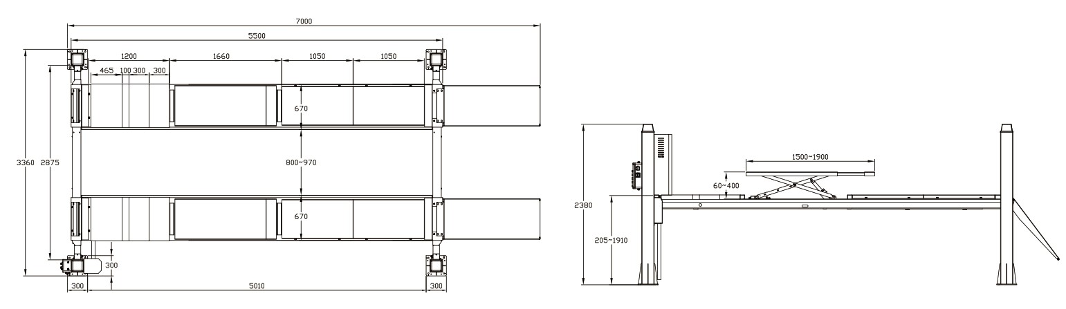 Kết cấu cầu nâng ô tô 4 trụ LT-PFS55