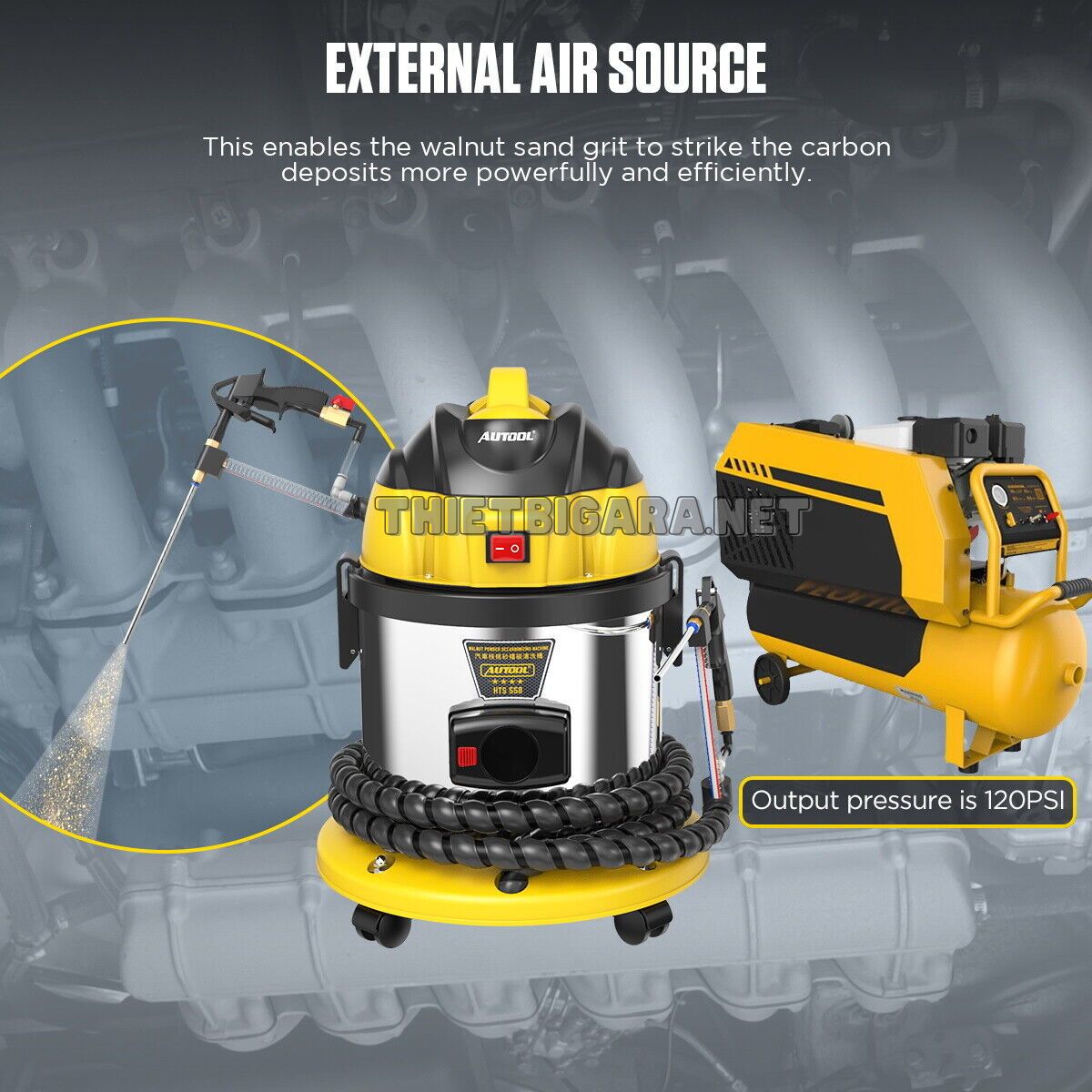 Nguồn khí nén với máy bắn vỏ óc chó HTS558