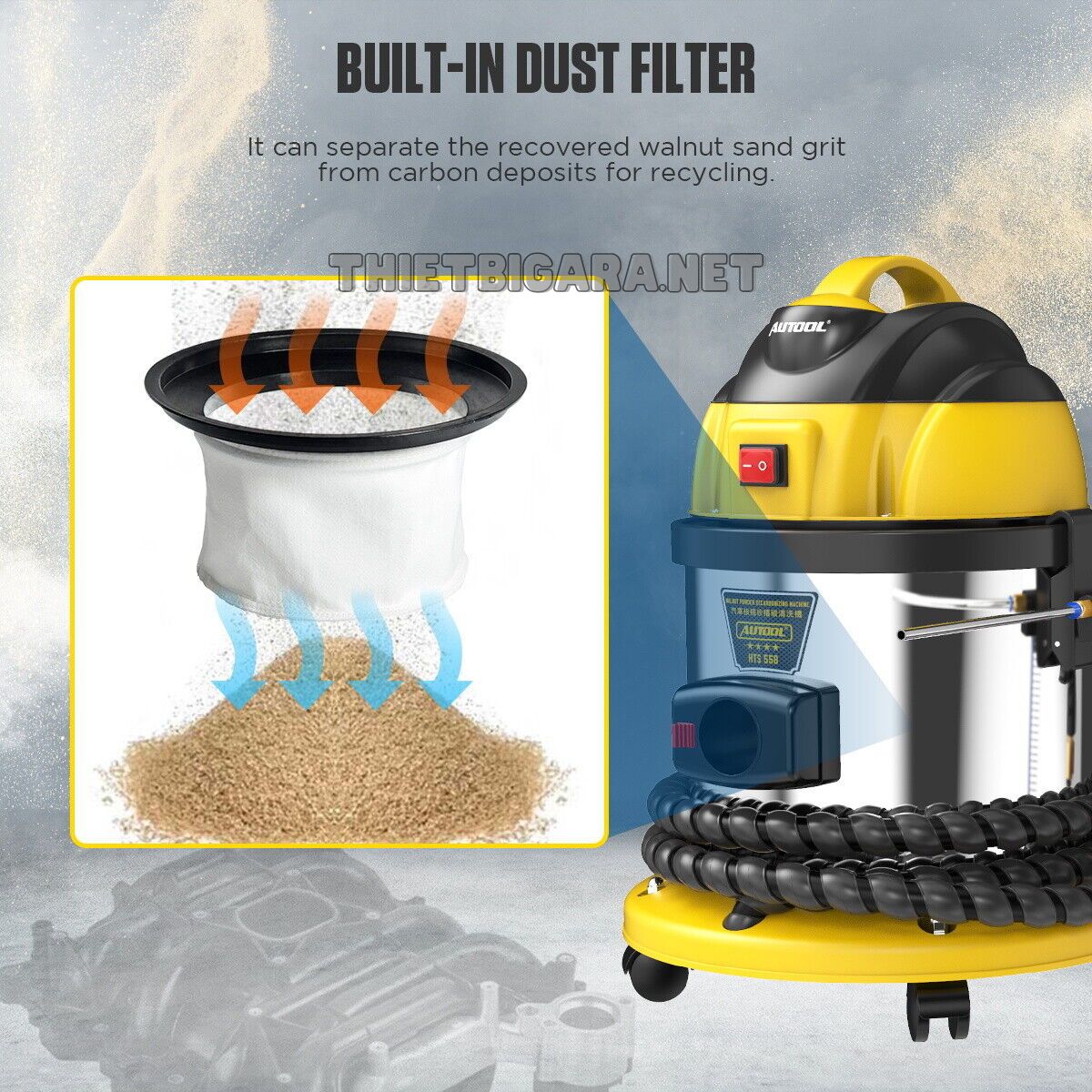 Tích hợp bộ lọc với máy bắn vỏ óc chó HTS558 Tích hợp bộ lọc với máy bắn vỏ óc chó HTS558